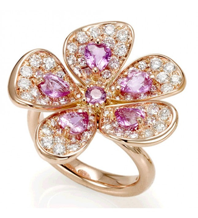 Piero Milano 18K Rose Gold Diamonds and Pink Sapphires Flower Ring - Made in Paradise Luxury