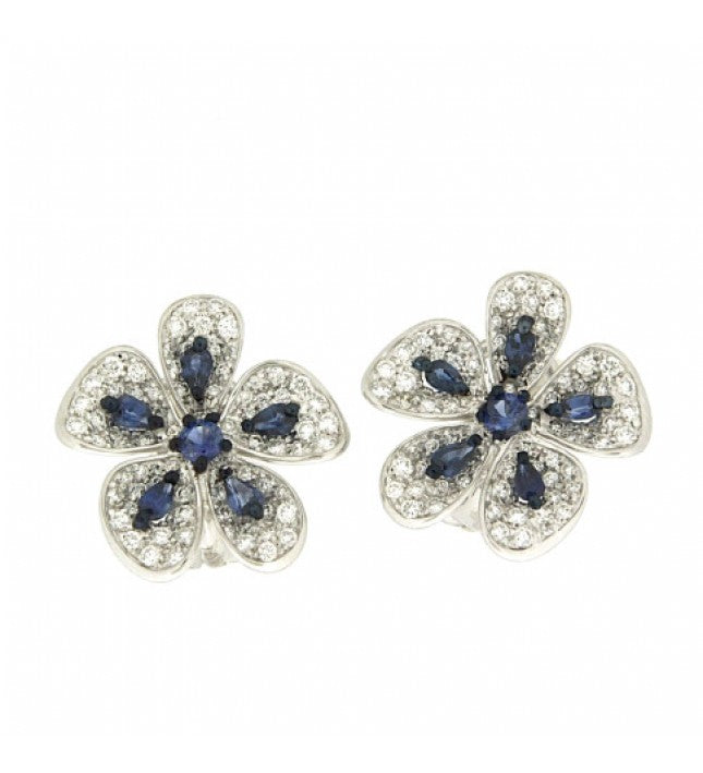 Piero Milano 18K White Gold with Diamonds and Blue Sapphires Flower Earrings - Made in Paradise Luxury