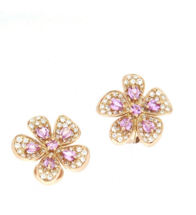 Piero Milano 18K Rose Gold Diamonds and Pink Sapphires Flower Earrings - Made in Paradise Luxury