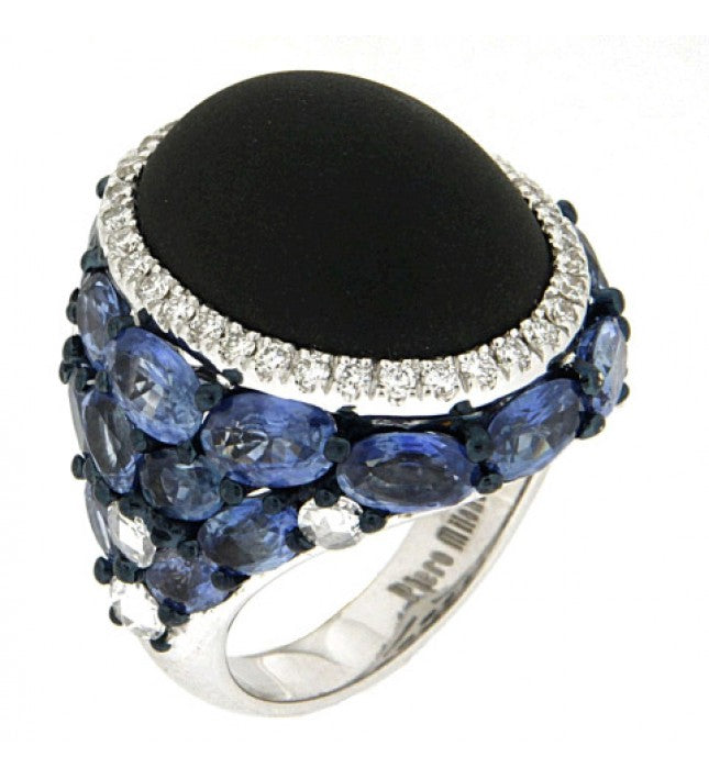 Piero Milano 18K White Gold with Diamonds, Black Onyx and Blue Sapphires Ring - Made in Paradise Luxury